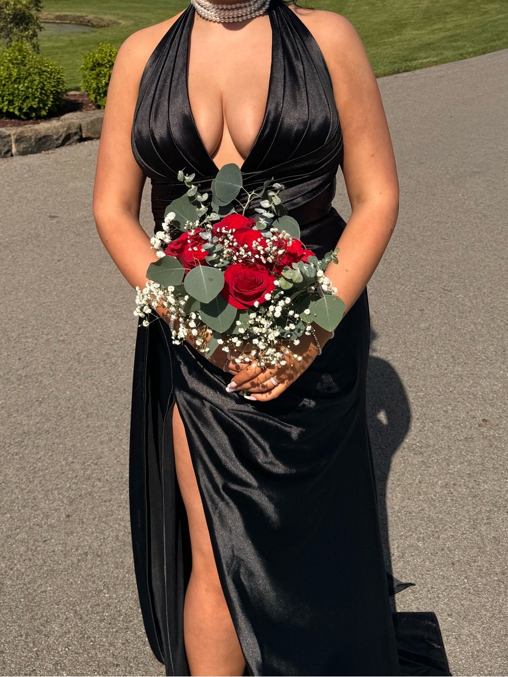 Cinderella Black Satin Halter Prom Gown with Thigh Slit